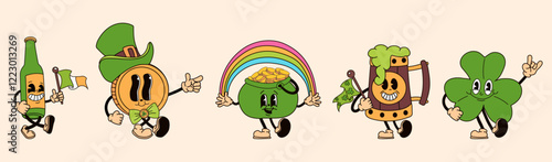 A set of retro cartoon characters designed as St. Patrick's Day  mascots