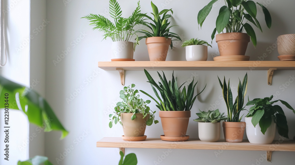 Fototapeta premium A neatly organized kitchen with wooden shelves and houseplants, home, kitchen, cozy, minimal