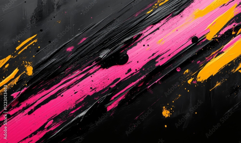 A vivid and energetic abstract background featuring bold pink and yellow brushstrokes against a black canvas.