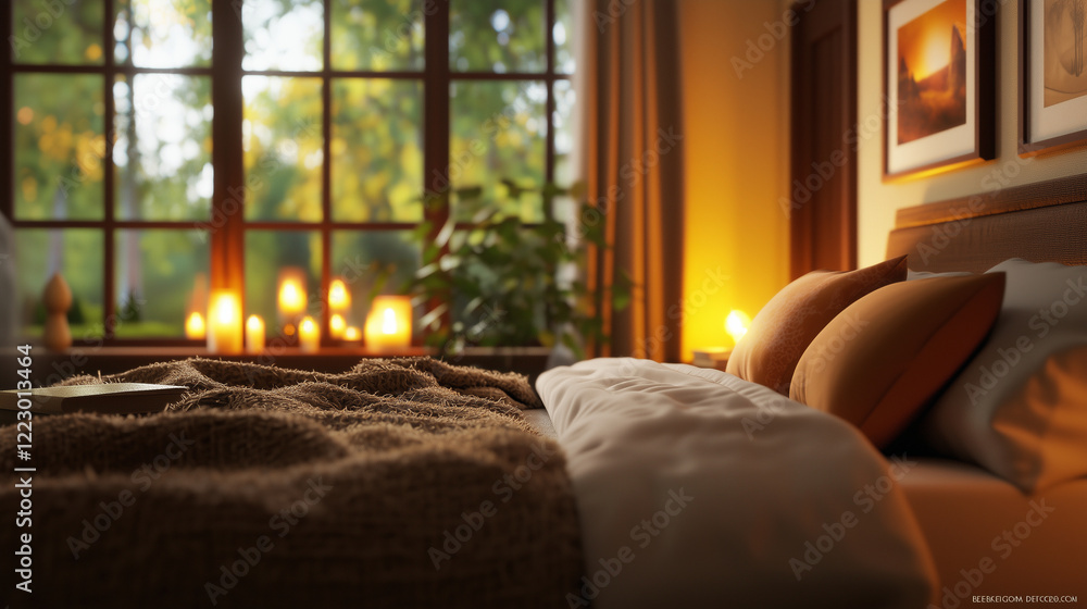 Fototapeta premium A bedroom with fluffy blankets, soft pillows, and warm lighting, home, cozy, relaxing, bedroom