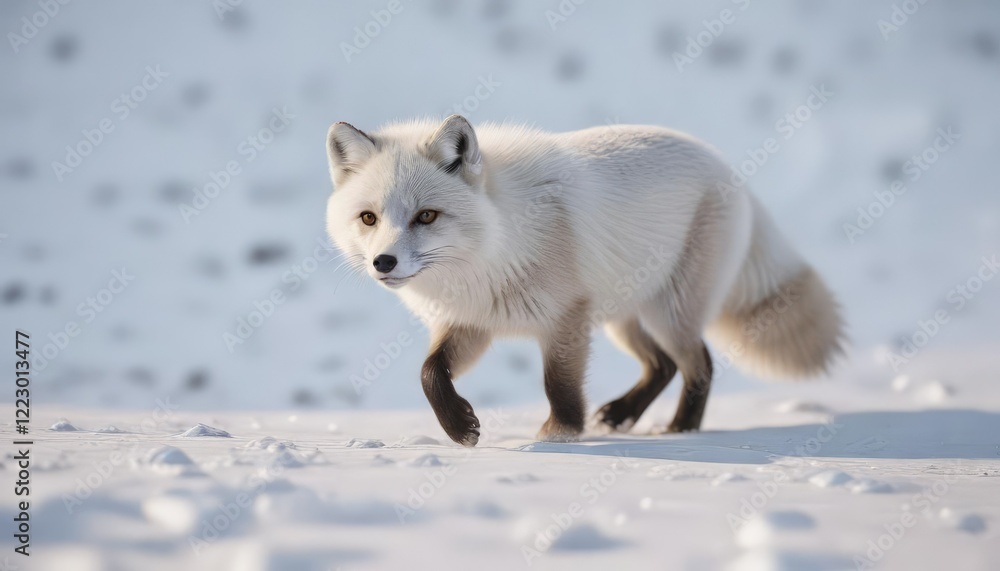 Naklejka premium Lone arctic fox trotting through the snow in search of prey, barren lands, North Pole, winter season, Arctic Circle