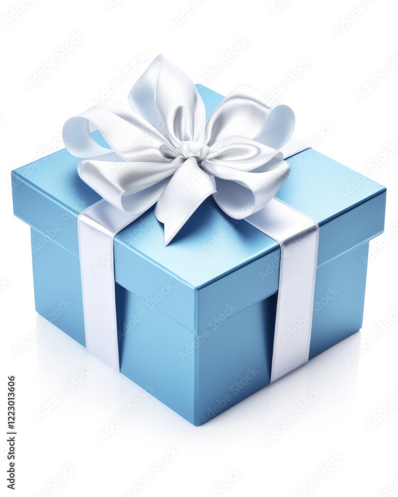 Fototapeta premium Surprise Unwrapped: Blue Open Gift Box with Satin White Bow and Ribbon Isolated on White Background