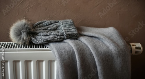 Cozy gray hat and scarf resting on a radiator for warmth photo