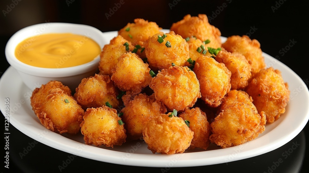 A plate of golden, crispy fried cheese balls served with a side of cheese dip. A plate of golden, crispy fried cheese balls served with a side of cheese dip.