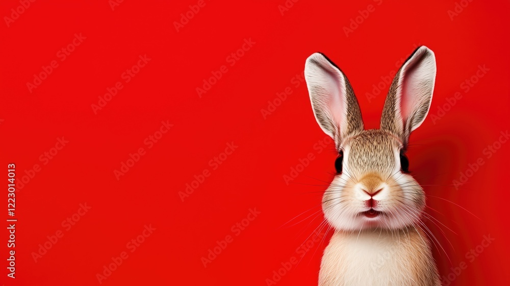 Obraz premium A close-up of an adorable rabbit with large ears against a vibrant red background, showcasing its expressive features and fluffy fur.