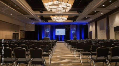 Spacious conference hall with rows of empty chairs, illuminated by elegant chandeliers and blue lighting, ready for an upcoming event or seminar.