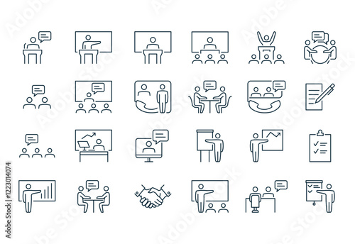 Presentation, business training or seminar icon set. Graphic flat signs with editable stroke line, isolated on white.