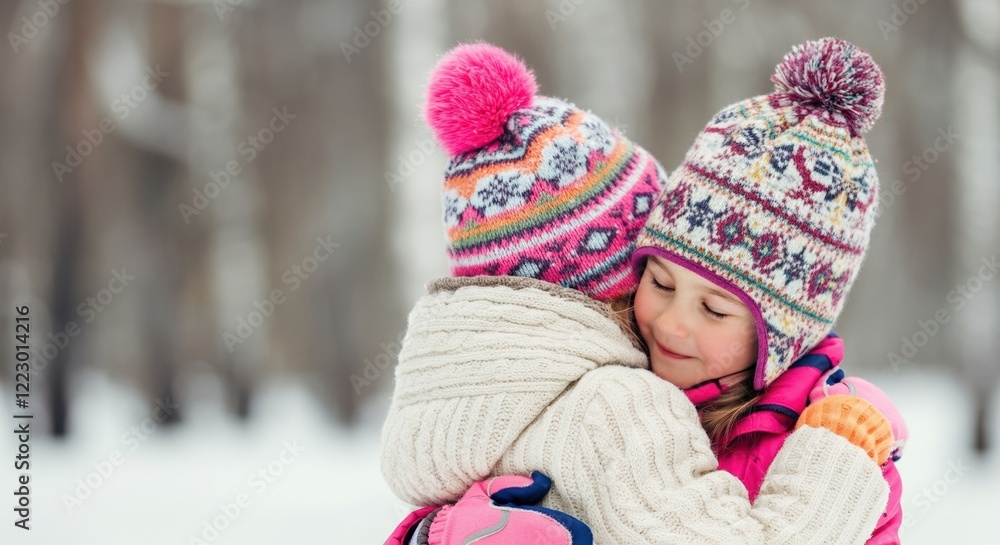 Two girls hugging warmly in winter hats, sharing a joyful moment Two girls hugging warmly in winter hats, sharing a joyful moment