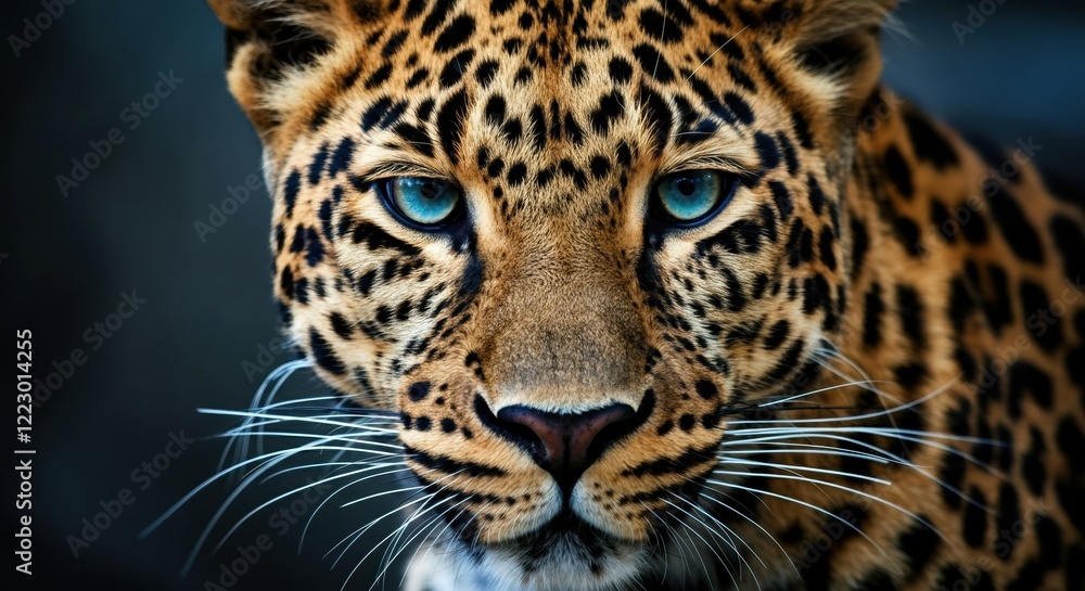 Naklejka premium Close-up of a majestic leopard showcasing its striking blue eyes