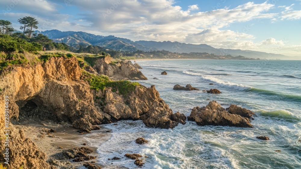 Picturesque coastal landscape with rugged cliffs and ocean waves under a cloudy sky Picturesque coastal landscape with rugged cliffs and ocean waves under a cloudy sky