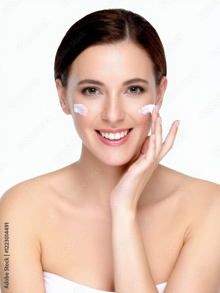 A series of images showcasing a cheerful young woman applying skincare cream to her face, highlighting a fresh and radiant complexion. Perfect for promoting beauty products, skincare routines, and sel A series of images showcasing a cheerful young woman applying skincare cream to her face, highlighting a fresh and radiant complexion. Perfect for promoting beauty products, skincare routines, and sel