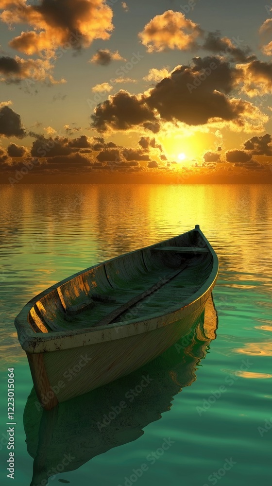 Fototapeta premium A tranquil scene featuring a wooden boat floating on calm waters during a stunning sunset with vibrant clouds and reflections.