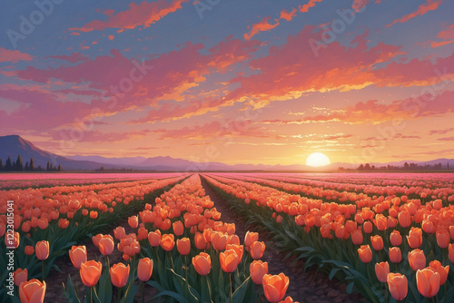 Tulip field with sunset glow, gentle breeze, petals falling, soft orange, pink sky in anime style