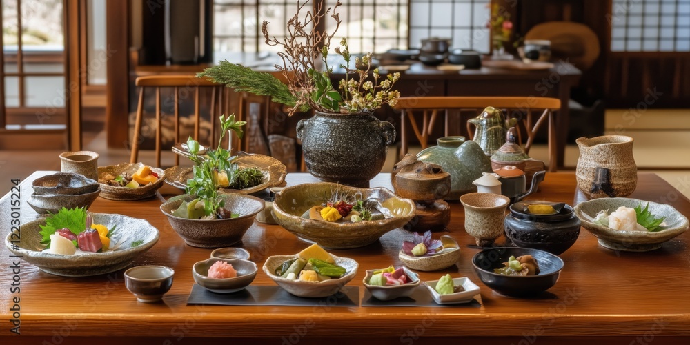 A beautifully arranged table featuring an assortment of traditional Japanese dishes, showcasing vibrant colors and intricate presentation. A beautifully arranged table featuring an assortment of traditional Japanese dishes, showcasing vibrant colors and intricate presentation.