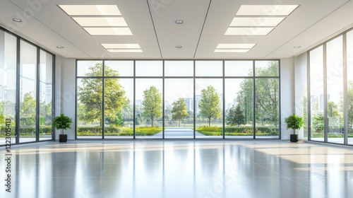 An office building with automated lighting and climate control, visible through large windows.