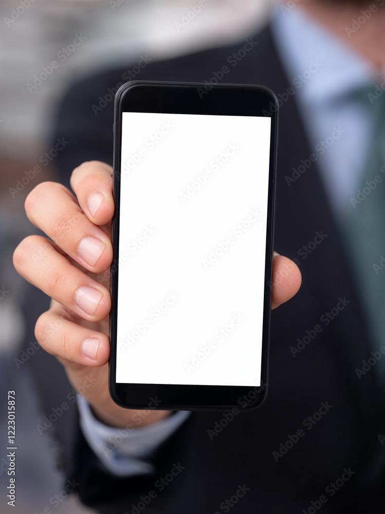 A series of images featuring a professional in a suit holding a smartphone with a blank white screen, ideal for showcasing app designs, advertisements, or technology concepts in a corporate context. A series of images featuring a professional in a suit holding a smartphone with a blank white screen, ideal for showcasing app designs, advertisements, or technology concepts in a corporate context.
