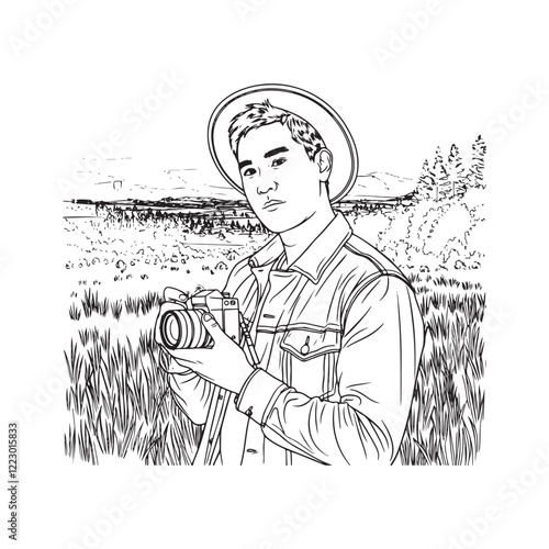Man with Camera Illustration Design - Clean Line Art of Man Holding Camera - Man Holding Camera Vector - Man Holding Camera Doodle - Camera Illustration - Man Holding Camera Line Art
