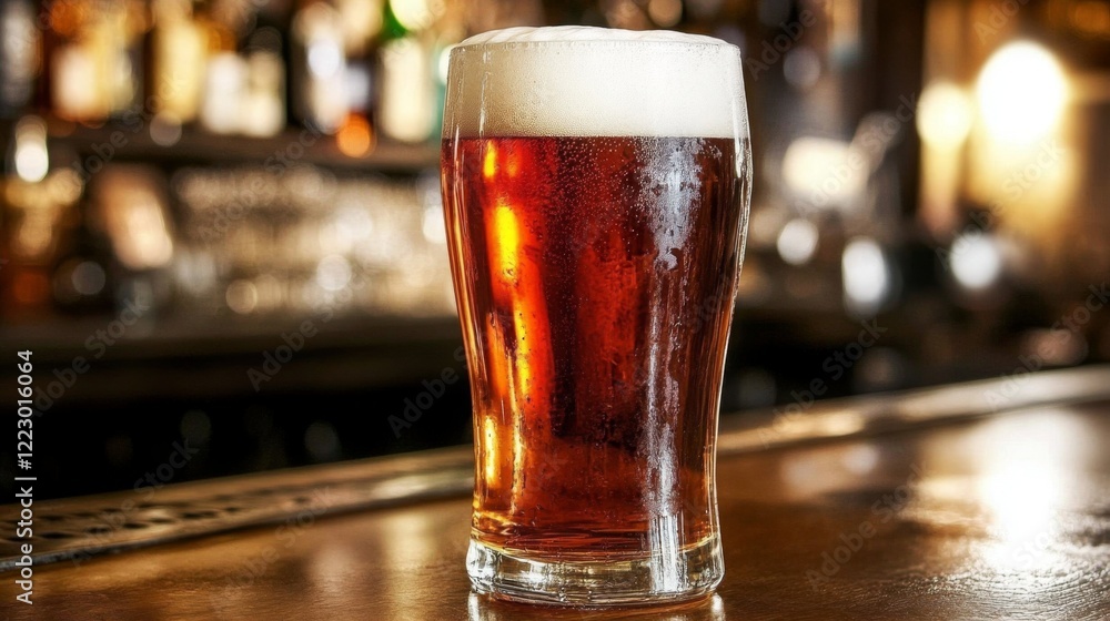 A close-up shot of a tall glass of amber beer with a thick, creamy head, sitting on a bar counter with soft lighting creating a warm ambiance A close-up shot of a tall glass of amber beer with a thick, creamy head, sitting on a bar counter with soft lighting creating a warm ambiance