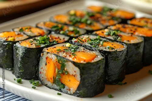 Close-up of vibrant orange-filled sushi rolls garnished with green onions and sesame seeds arranged on a white plate
