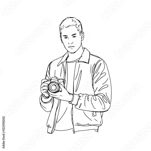 Man Holding Camera Artwork - Clean Line Art of Man with Camera - Man Holding Camera Vector - Man Holding Camera Doodle - Camera Illustration - Man Holding Camera Line Art
