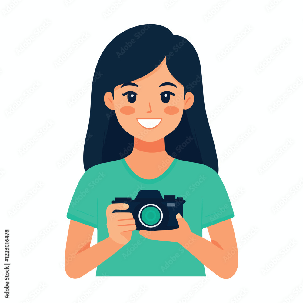 Cute Girl Holding a Camera. Woman photographer Vector. Cute Girl Holding a Camera. Woman photographer Vector.