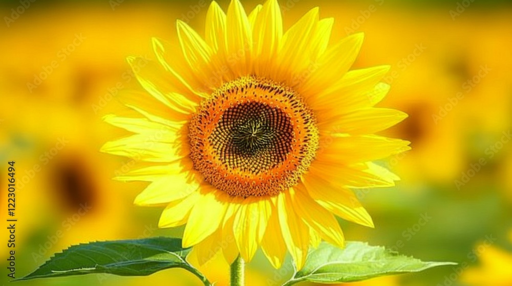 A close-up view of a single sunflower in full bloom, showcasing its intricate details and vibrant yellow petals against a softly blurred background of more sunflowers A close-up view of a single sunflower in full bloom, showcasing its intricate details and vibrant yellow petals against a softly blurred background of more sunflowers