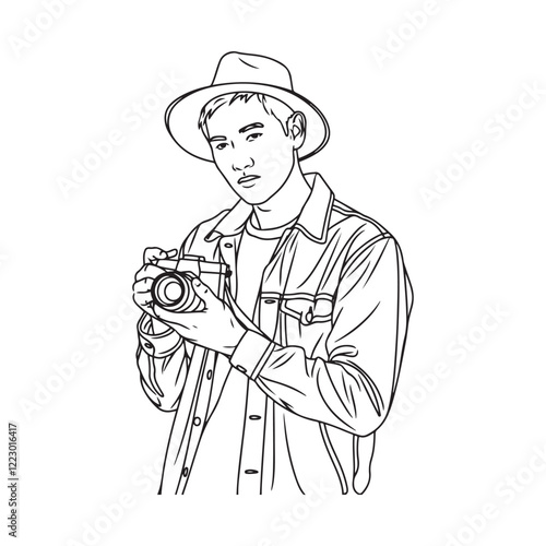 Man Holding Camera Figure - Simple Line Art of Man with Camera - Man Holding Camera Vector - Man Holding Camera Doodle - Camera Illustration - Man Holding Camera Line Art
