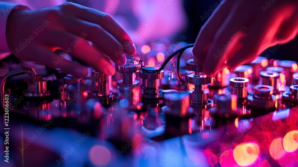 Hands Adjusting Knobs and Cables on a Colorful Audio Mixer Hands Adjusting Knobs and Cables on a Colorful Audio Mixer