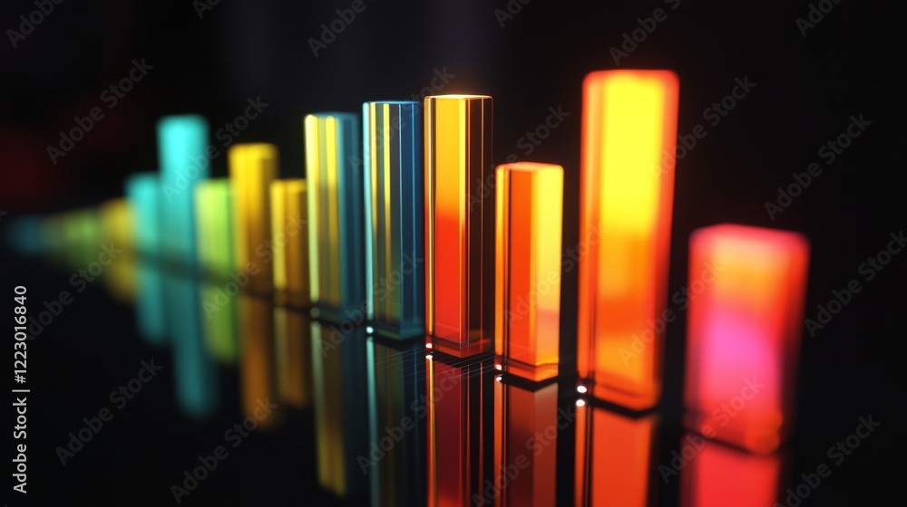 Obraz premium A colorful D bar chart with tall, glossy bars on a black reflective surface, with warm spotlighting to highlight each bar's shape and height
