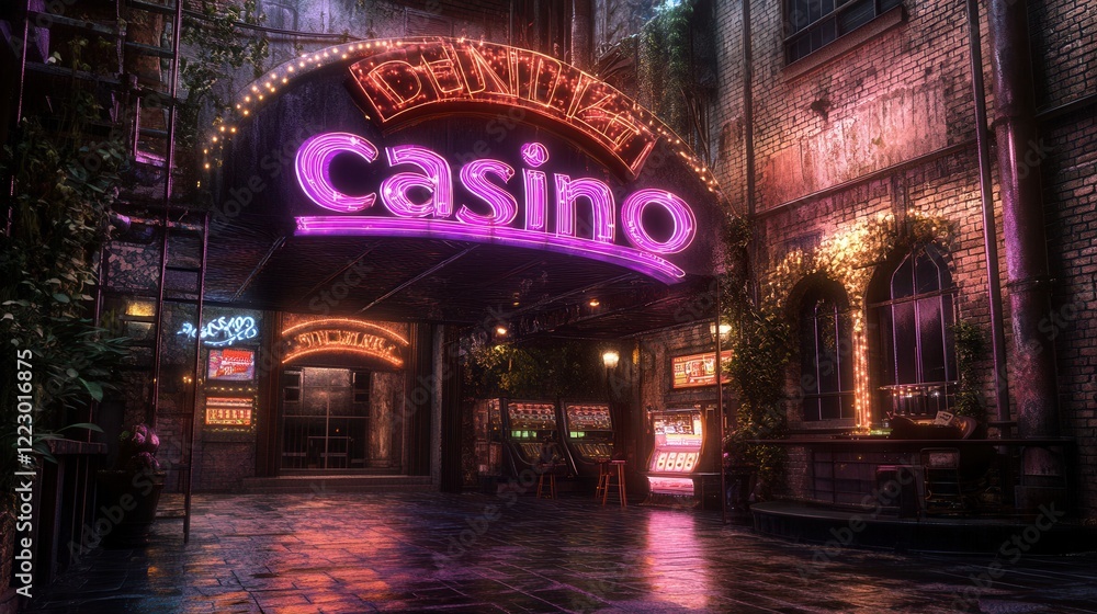 Vibrant neon lights illuminate a bustling casino in a lively alleyway at night Vibrant neon lights illuminate a bustling casino in a lively alleyway at night