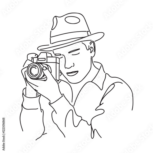 Man with Camera Illustration - Clean Line Art of Man Holding Camera - Man Holding Camera Vector - Man Holding Camera Doodle - Camera Illustration - Man Holding Camera Line Art
