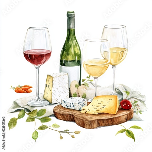 Delightful wine and cheese arrangement with elegant glasses and fresh herbs, watercolor clip art