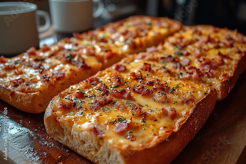 A close-up shot of several delicious cheesy bread topped with savory meat and herbs resting on a wooden board photo