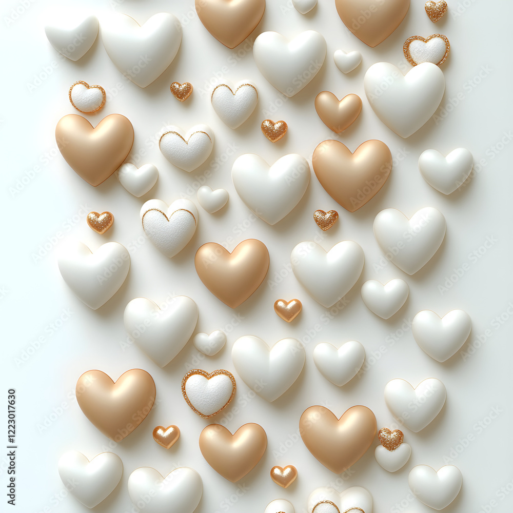 Obraz premium Delicate golden and white heart shaped decorations scattered across pale surface, representing romantic sentiments and festive Valentine's spirit