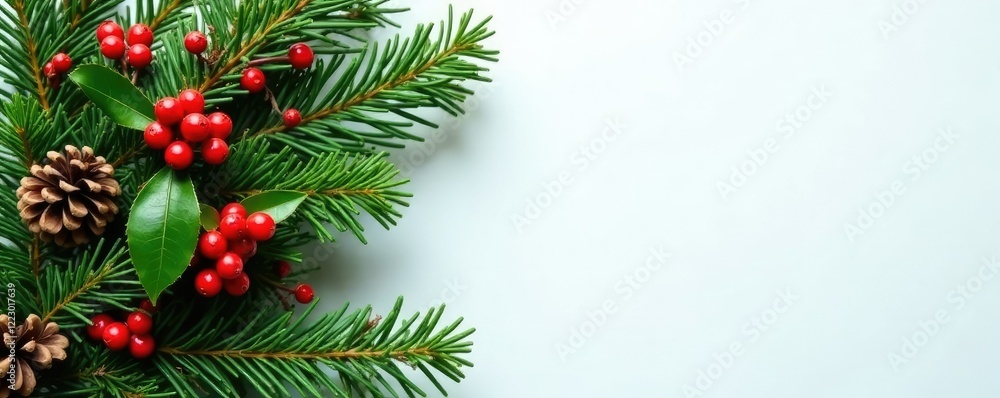 Evergreen branches woven with holly berries and pinecones on a clear background, Christmas, foliage, holly Evergreen branches woven with holly berries and pinecones on a clear background, Christmas, foliage, holly