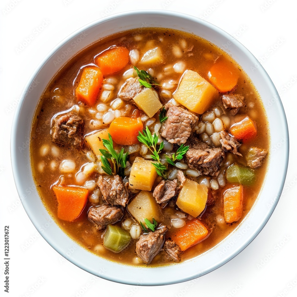 A bowl of hearty beef barley soup with root vegetables, isolated white background, minimalist art style A bowl of hearty beef barley soup with root vegetables, isolated white background, minimalist art style