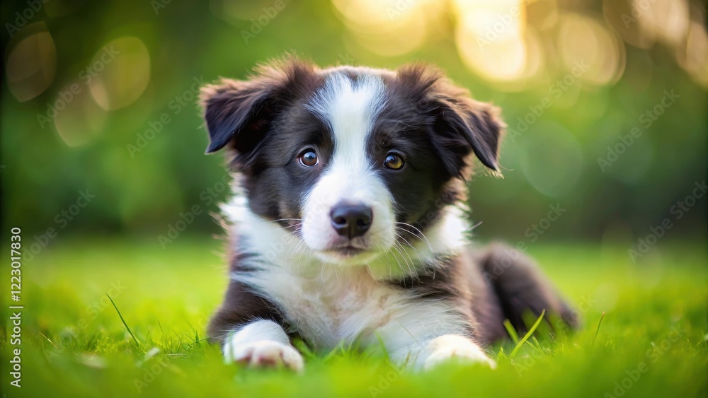 Adorable Border Collie Puppy Lying Down On Green Grass, adorable dog, canine companion Adorable Border Collie Puppy Lying Down On Green Grass, adorable dog, canine companion