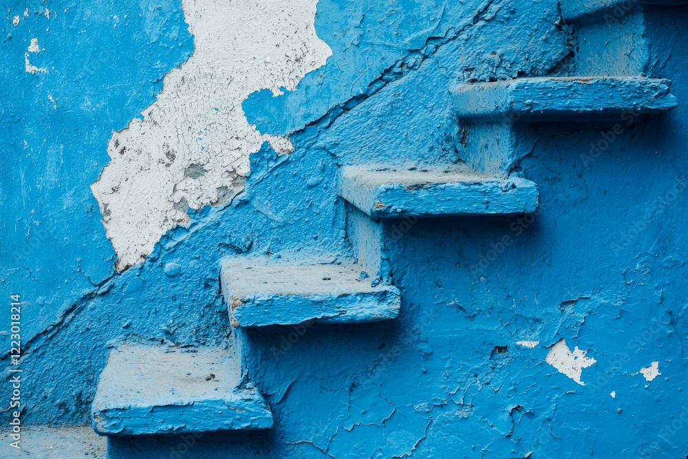 Weathered blue stairs against a peeling wall. Weathered blue stairs against a peeling wall.