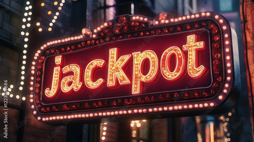Bright red jackpot neon sign illuminates vibrant urban nightlife on a bustling street in the evening Bright red jackpot neon sign illuminates vibrant urban nightlife on a bustling street in the evening