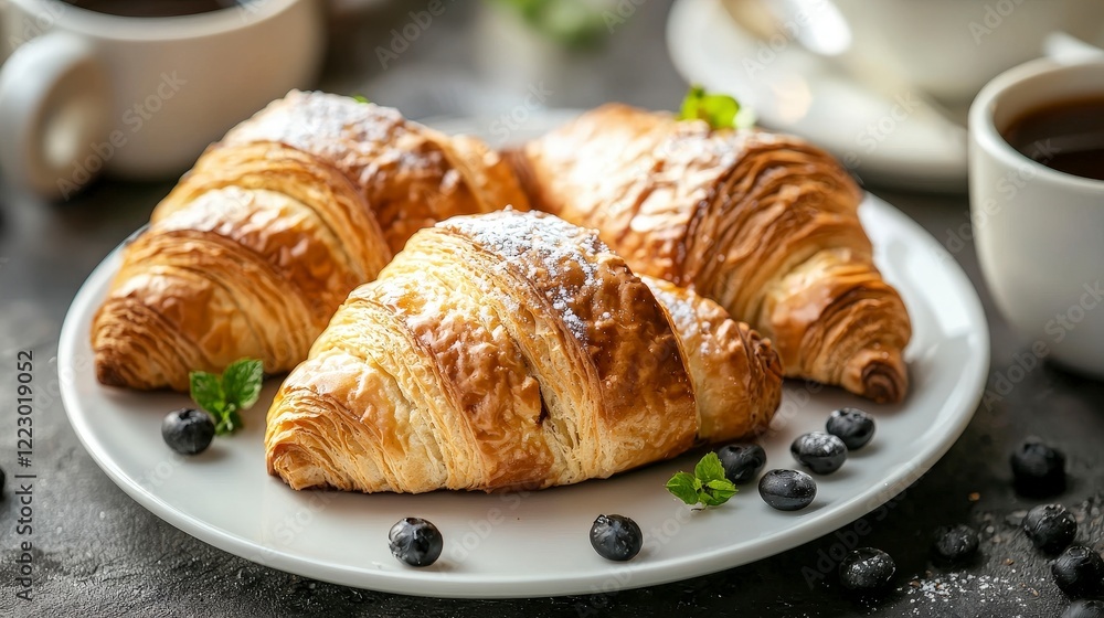 Freshly Baked Croissants with Blueberries and Coffee on Table Freshly Baked Croissants with Blueberries and Coffee on Table
