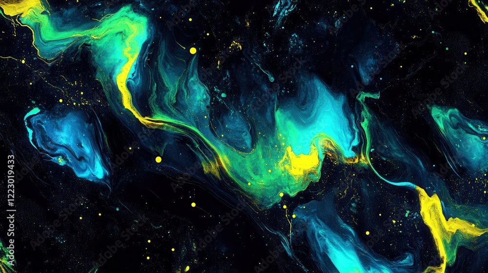 Fototapeta premium An abstract design of neon green and blue glowing waves set against a black background, blending subtle yellow accents