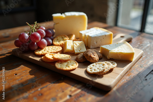 Assorted cheeses, crackers, and grapes on rustic wooden cutting board