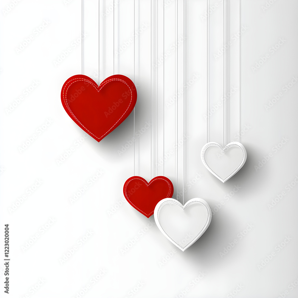 Dangling red and white paper hearts on strings, expressing romantic mood against soft pastel backdrop, suggesting Valentine's Day sentiment Dangling red and white paper hearts on strings, expressing romantic mood against soft pastel backdrop, suggesting Valentine's Day sentiment