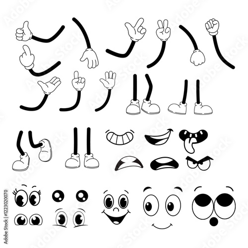 Icons Set Vintage foot, hand and face. Vector set Comic groovy hands in gloves, Retro legs and foot in shoes and funny emotion black and white. Different poses arm and feet. Body parts mascot. 