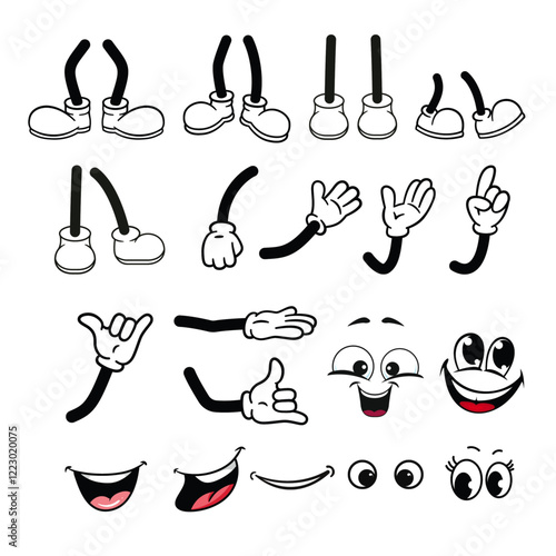 Icon set of retro groovy comic faces vector. Collection of cartoon character faces, leg, hand in different emotions happy, angry, sad, cheerful. Cute retro groovy hippie illustration