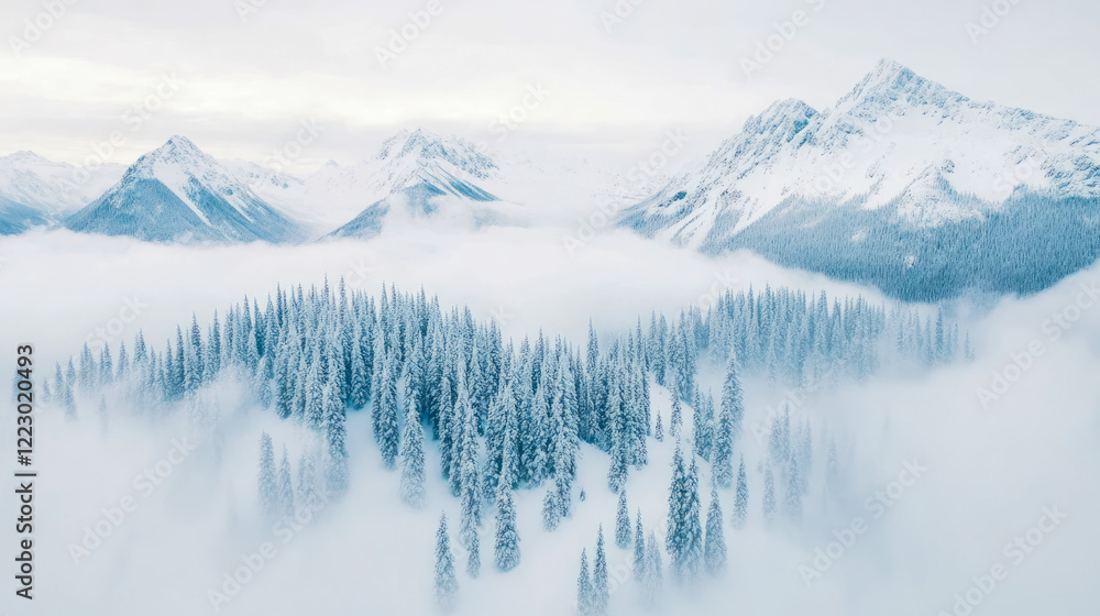 Fototapeta premium Snowy Mountain Peaks and Evergreen Forest Enveloped in Mist: An Aerial Winter Wonderland
