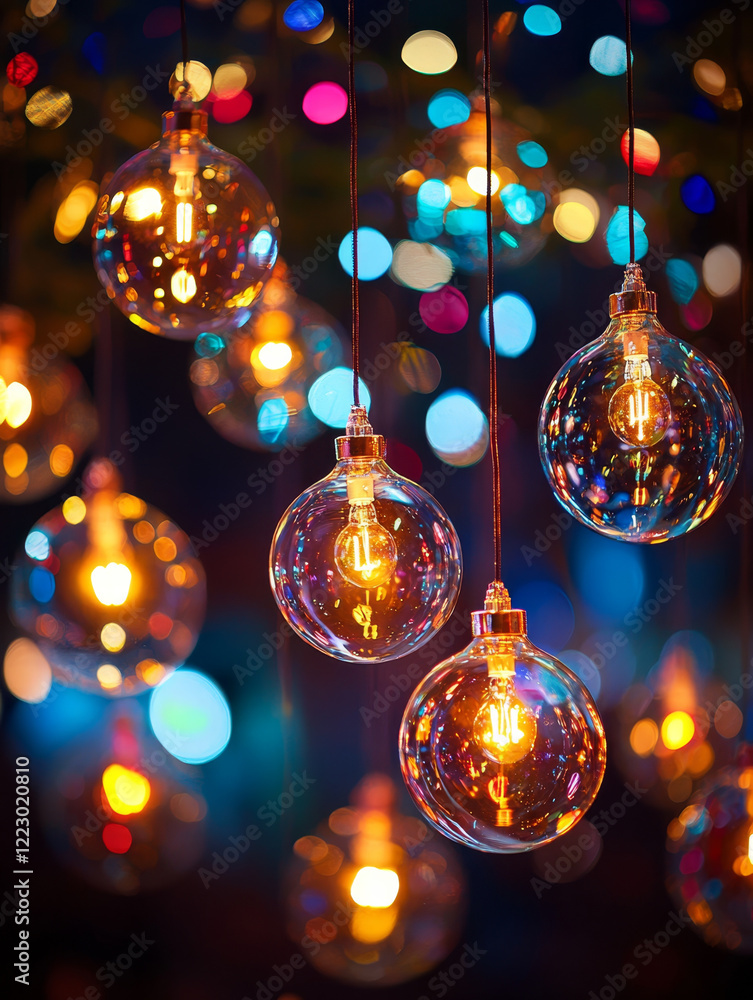 Glowing glass orbs illuminate a bokeh backdrop. Glowing glass orbs illuminate a bokeh backdrop.