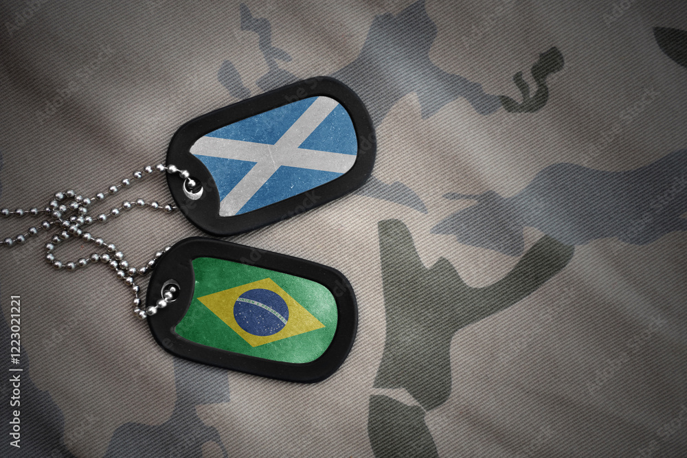 Φωτογραφία vintage army blank, dog tag with flag of scotland and brazil on the khaki texture background