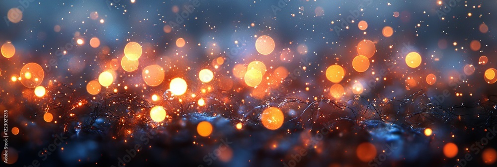 Abstract background of gold bokeh lights, defocused blurred fairy winter snow background