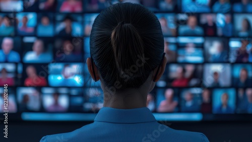 Businesswoman viewing segmented target audience profiles on a holographic screen, corporate setting, soft blue lighting, high detail. , closes up photo